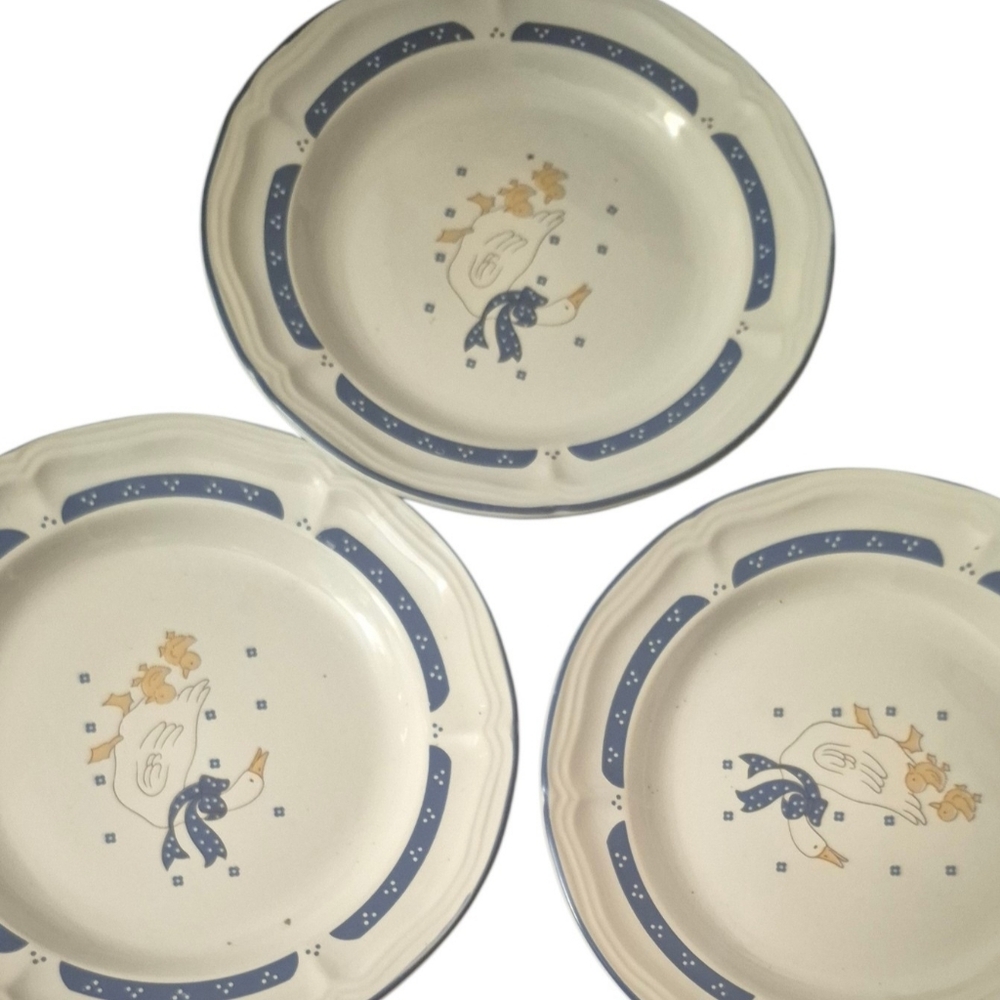 Vintage Homestyle Country Geese Goose Stoneware  Salad Plate Set (3  Brand New